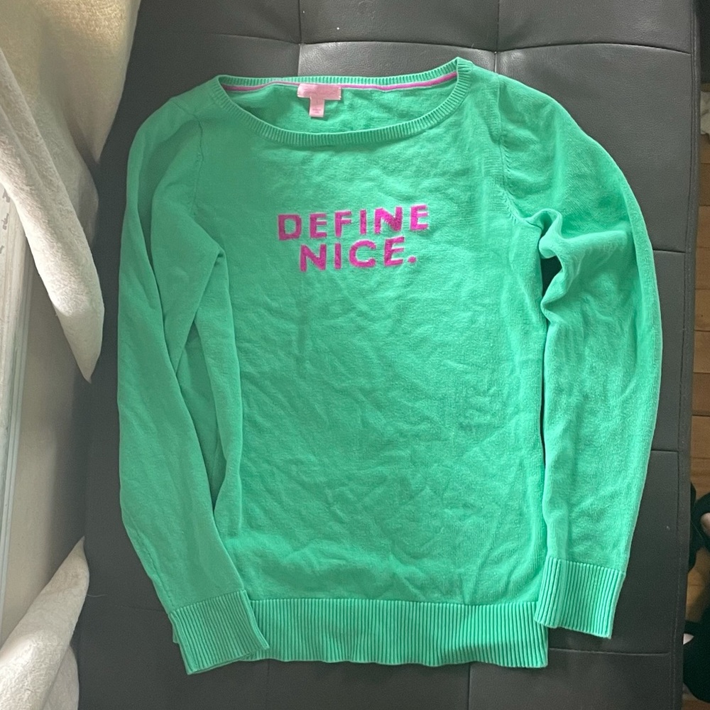 Lilly Pulitzer Mint Green Crewneck Sweater with Pink Embroidered Slogan